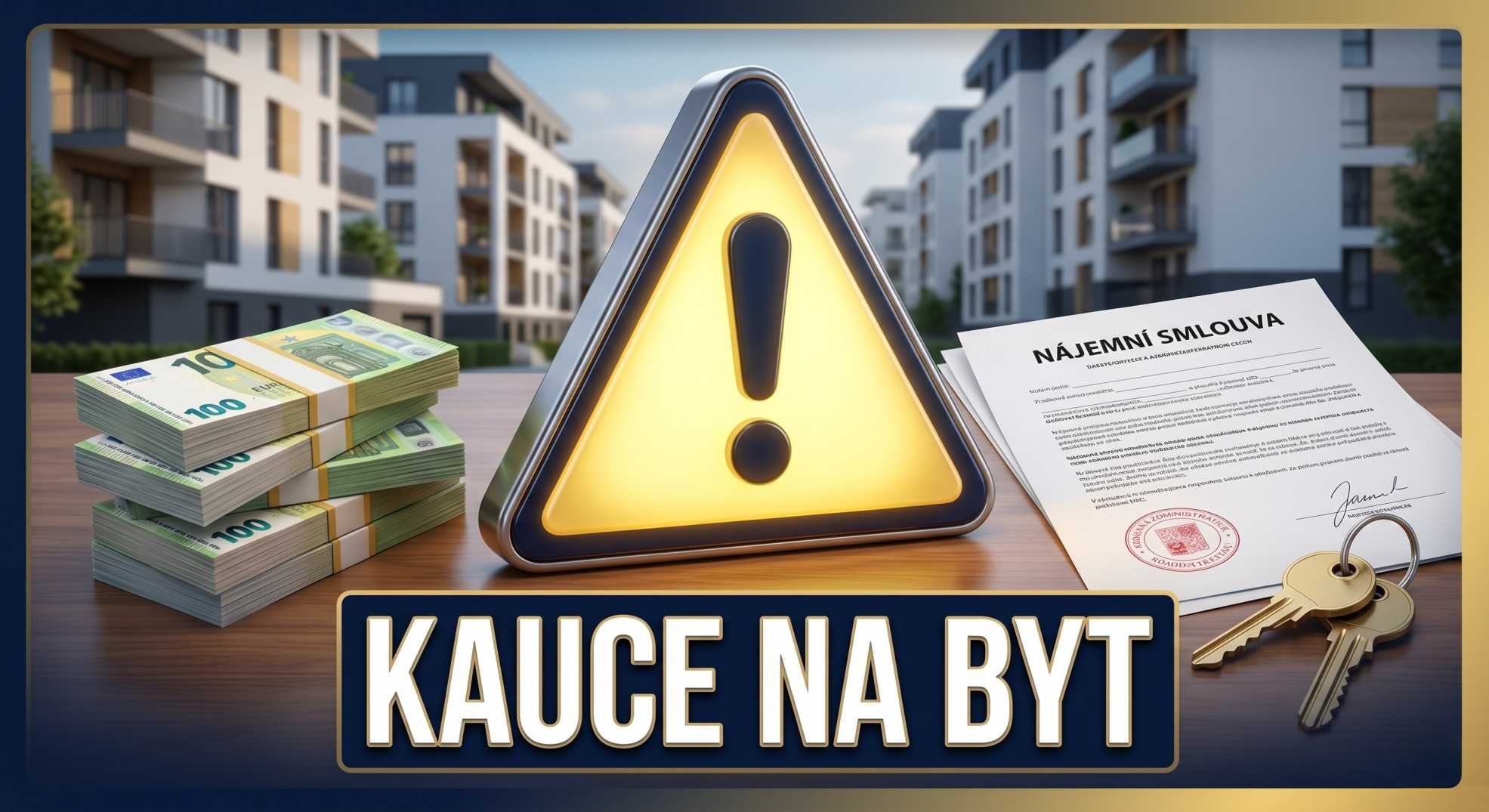 Kauce na byt 2026 – peníze, klíče, nájemní smlouva a varovný symbol u bytového domu